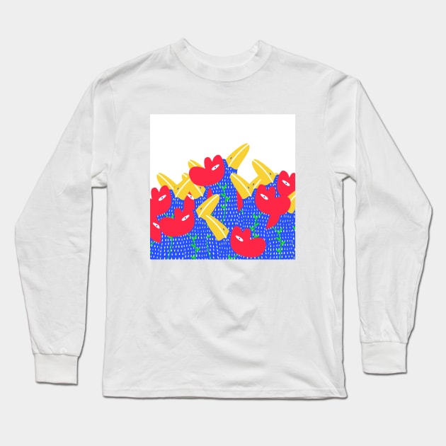 Blue funny birds with red flowers, version2 Long Sleeve T-Shirt by iulistration